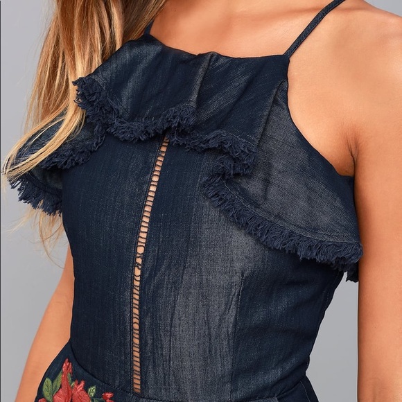 Moon River Dark Blue Chambray Embroidered Romper - Picture 3 of 4